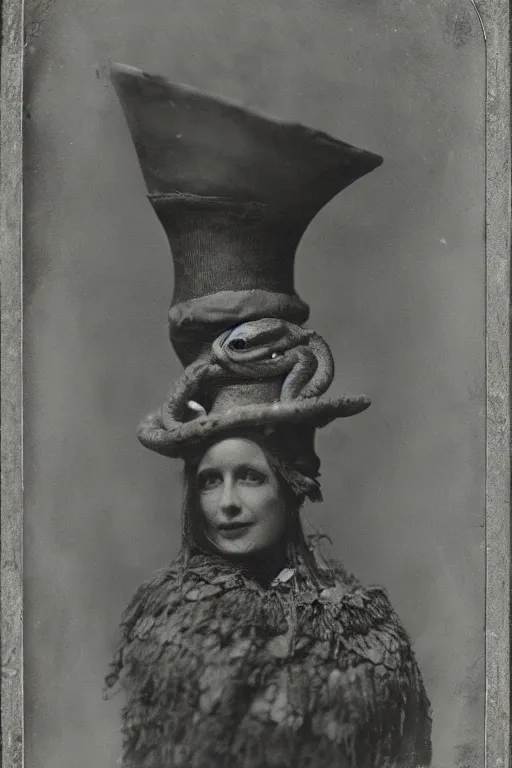 Prompt: a wet plate photo of a boa constrictor wearing a tiny jester hat