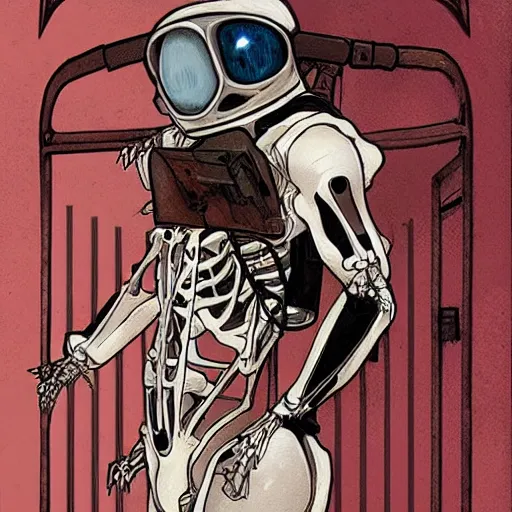 Image similar to skeleton astronaut breaking through a brick wall like the koolaid man, illustration, art by artgerm and greg rutkowski and alphonse mucha