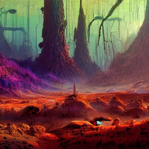 Image similar to A lovely picture of an alien landscape with mycelium aliens by John Berkey, forest made out of mushroom, purple and red and white gradient colour theme, trending on DeviantArt, rendered in blender, 8k resolution, Mountains, no green