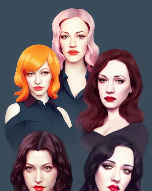 Image similar to kat dennings christina hendricks jennifer tilly, by wlop and ilya kuvshinov and artgerm