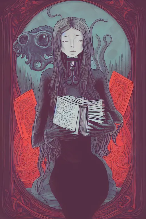 Image similar to ai illustration of romantic girl, her cat and her book of necronomicon, symmetrical, cinematic, sharp focus, 4 k, ultra hd, sense of awe, sinister demonic atmosphere, dreadful, forbidden knowledge, old gods, cthulhu, yog - sothoth! yah, yah, yah! cultist journal cover