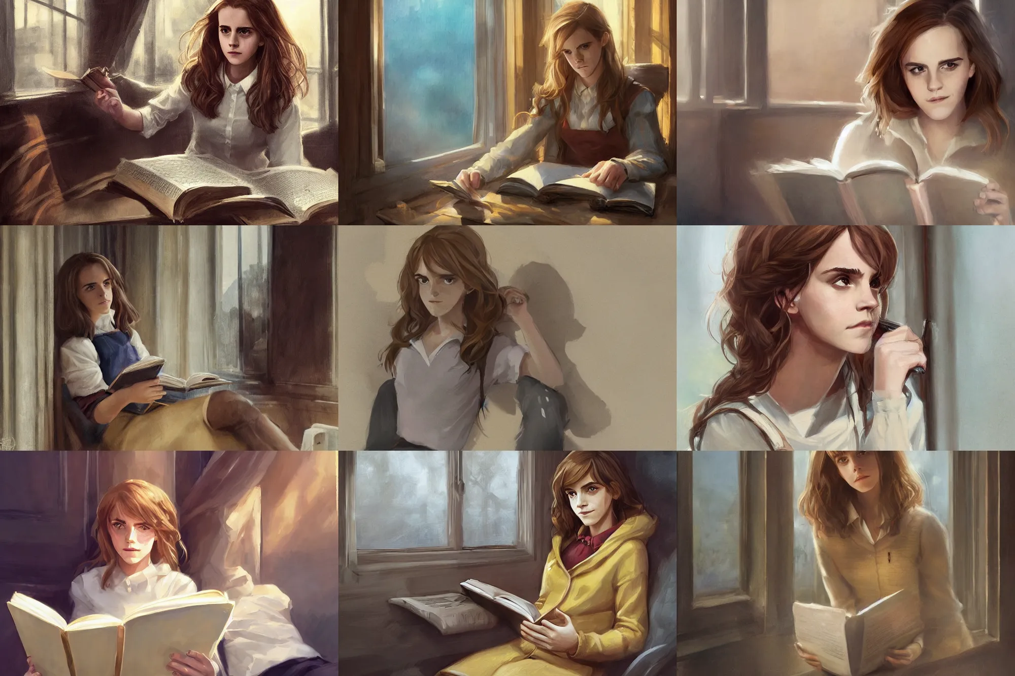 Image similar to portrait of Emma Watson as Hermione Granger sitting next to a window reading a book, focused expression, face focus, golden hour, art by Kenne Gregoire and Krenz Cushart, trending on artstation