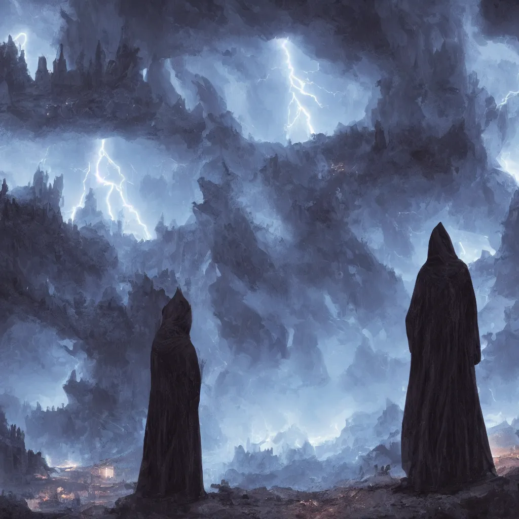 Image similar to a still of a cloaked figure standing in the ruins of crux prime, monastery, there is lightning, blue fiery maelstrom in the distance, it is raining, digital art, artstationhq