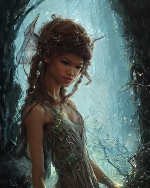 Image similar to zendaya as a fairy, hyper realistic face, beautiful eyes, fantasy art, in the style of greg rutkowski, intricate, hyper detailed, smooth