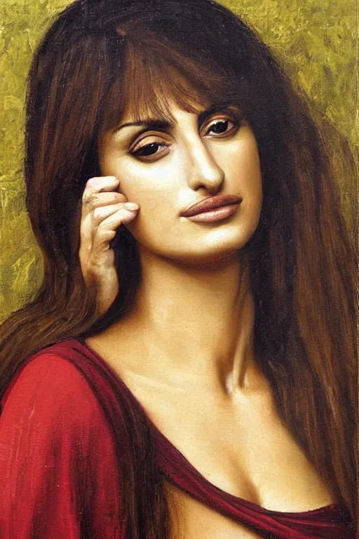 Image similar to oil painting, portrait of penelope cruz, artwork by leonardo da vinci