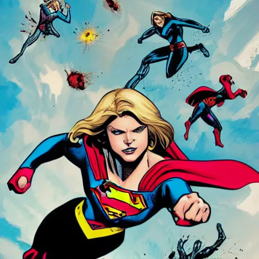 Prompt: in the style of rafael albuquerque comic art, supergirl saving the day.