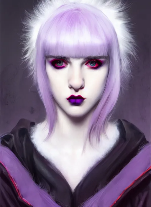 Image similar to portrait of white teenage girl, normal face, white bangs, mall goth, cyberlox, black and white hair, bangs, fluffy bangs, red contact lenses, purple lipstick, intricate, elegant, highly detailed, digital painting, artstation, concept art, sharp focus, smooth, illustration, art by wlop, mars ravelo and greg rutkowski