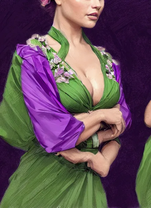 Prompt: lindsey pelas and emilia clarke wearing a green kebaya with purple sash, digital painting, artstation, concept art, sharp focus, illustration, art by artgerm and greg rutkowski and alphonse mucha