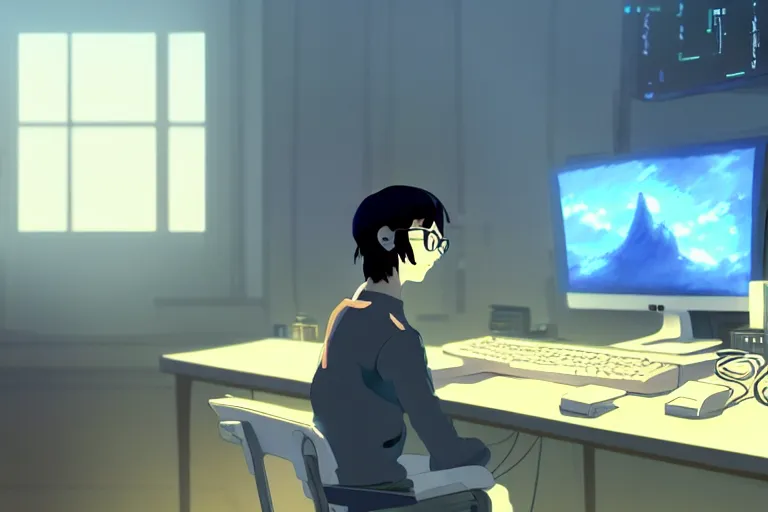 Image similar to a nerdy boy is programming at a computer in a room full of gadgets, screens all over the walls, by makoto shinkai and ghibli studio, dramatic lighting, highly detailed, incredible quality, trending on artstation