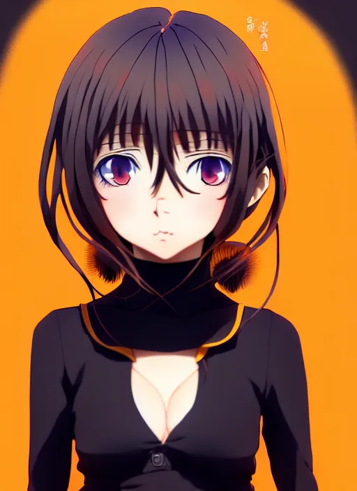 Image similar to anime portrait of a beautiful woman, yellow - orange eyes, ilya kuvshinov, black clothing, anime, pixiv top monthly, trending on artstation, cinematic, danbooru, zerochan art, kyoto animation