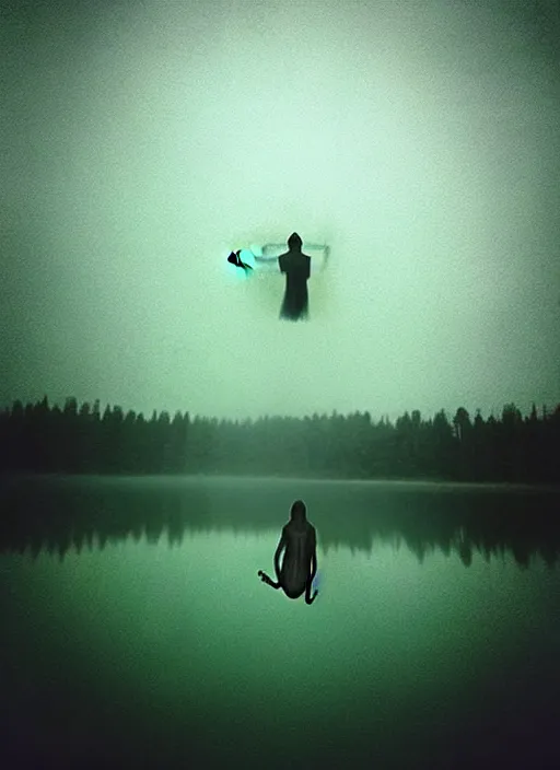 Image similar to “ghostlike frog amphibian vertically hovering over misty lake waters in jesus christ pose, low angle, long cinematic shot by Andrei Tarkovsky, paranormal, eerie, mystical”