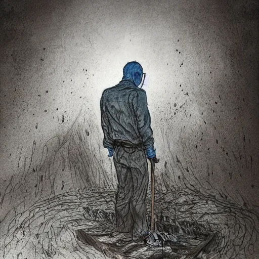 Prompt: a man with a shovel standing digging up a grave with a dead body in it, subtle blue, orange, and dark green tones, high quality, high detail, dark colors, sinister atmosphere, dramatic lighting, cinematic, establishing shot, extremely high detail, photo realistic, cinematic lighting, pen and ink, intricate line drawings, by Yoshitaka Amano, Ruan Jia, Kentaro Miura, Artgerm, post processed, concept art, artstation, matte painting, style by eddie mendoza, raphael lacoste, alex ross