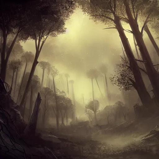 Image similar to village in the trees of a mysterious forest. mist. dusk. concept art. hyper detailed