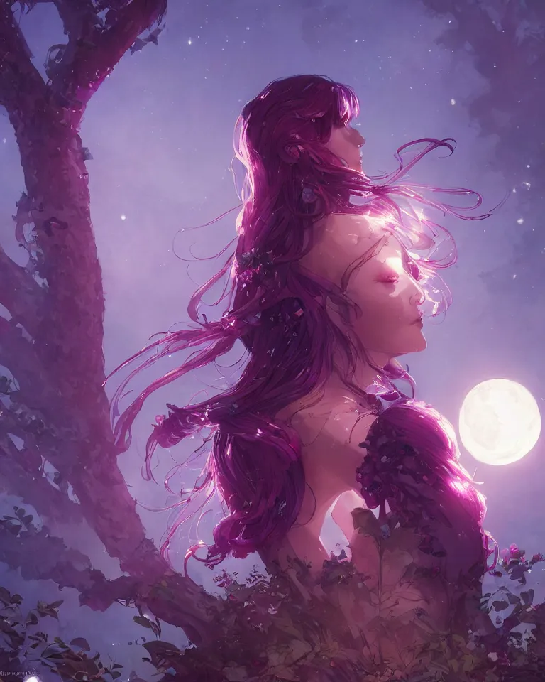 Prompt: a highly detailed image of A beautiful woman basking in the moonlight, with medium length magenta hair, and tall tree, and large obsidian crystals, cinematic lighting, dramatic atmosphere, by Dustin Nguyen, Akihiko Yoshida, Greg Tocchini, Greg Rutkowski, Cliff Chiang, 4k resolution, trending on artstation