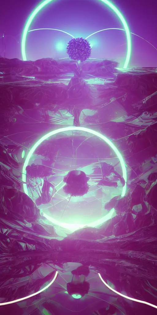 Prompt: humongous technologic flower on a neon planet, spooky, retrowave, art by karl marx, smooth, beautiful art, masterpiece, artistic landscape, cinematic, wet reflections, ray tracing x, rtx, smooth