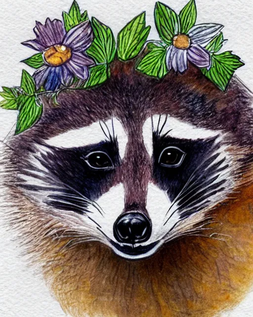 Image similar to a very detailed colored pencil and watercolor portrait of a cute raccoon with a crown of flowers on its head, muted colors, white paper background, watercolor on paper, colored pencil, minimalist, simple, soft colors