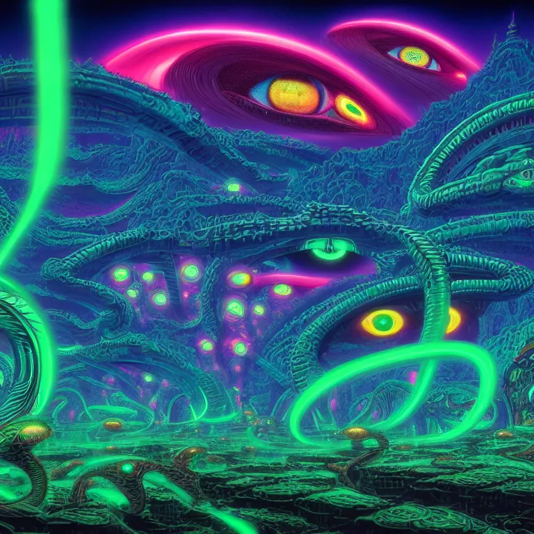 Prompt: mythical glowing eyeballs in infinite serpent city, ( ( ( synthwave ) ) ), ( ( fractal waves ) ), bright neon colors, highly detailed, cinematic, tim white, michael whelan, caza, bob eggleton, philippe druillet, vladimir kush, kubrick, alfred kelsner