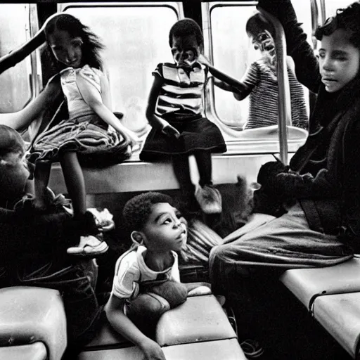 Image similar to “ kids riding on top of a new york city subway car, photograph by henri cartier - bresson ”