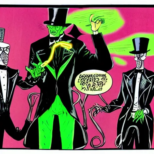 Image similar to tall, skinny, four - armed evil alien voodoo doctor wearing a black neon green tuxedo and top hat, marvel comic book double page