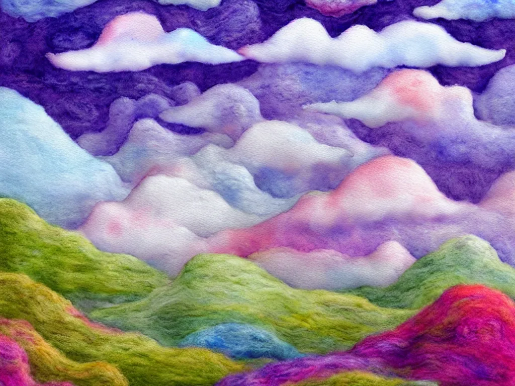 Image similar to A watercolor art of Mumintroll character in shape of wool felting amazing clouds, illustration by Irena Žviliuvienė, book cover, colorful background with mountains, 4k resolution, ultra detailed, matte painting, tarot card style, character design