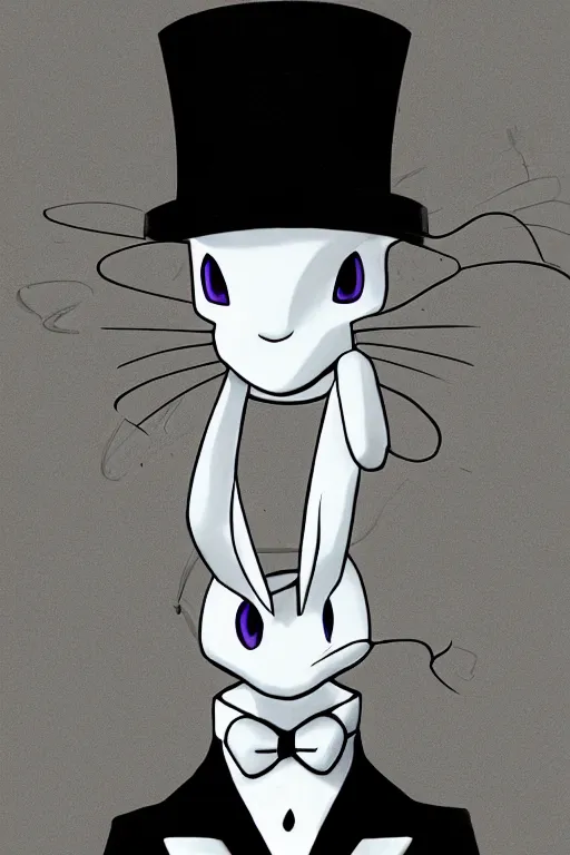 Image similar to mewtwo wearing a top hat and suit, highly detailed, digital art, sharp focus, ambient glow, trending on art station, anime art style