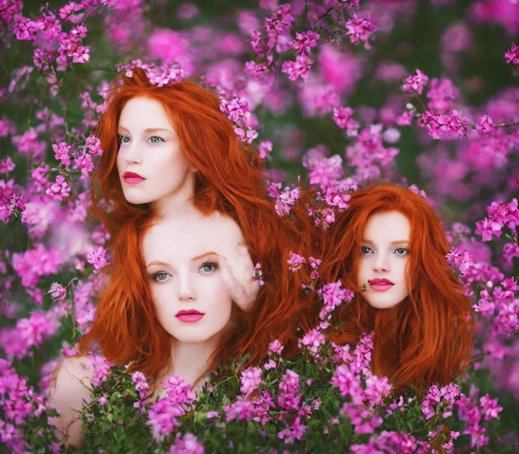 Image similar to Fine art photo of a beauty model, she is redhead, she is posing while maintain a sweet eye contact to the camera, she has a crown of flowers and she has flowers around her, the photo was taken at sunset; you can see a bokeh effect behind the model, the photo was taken by Annie Leibovitz, photorealistic, matte painting, hyper realistic, concept art, 4k, 8k, cinematic composition, cgsociety, HD, highly detailed, octane render, unreal engine 5, trending on artstation, shaders