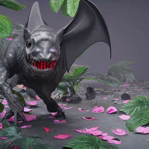 Prompt: a creepy wingless eyeless bat with petals around its head from the future in a luxuriant jungle, highly detailed, octane render