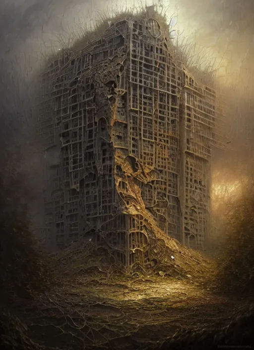 Image similar to closeup portrait shot of a broken building in a scenic dystopian environment, intricate, elegant, highly detailed, centered, digital painting, artstation, concept art, smooth, sharp focus, illustration, artgerm, tomasz alen kopera, peter mohrbacher, donato giancola, joseph christian leyendecker, wlop, boris vallejo