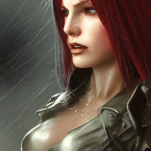 Prompt: female vampire in metal gear solid, heavy rain, wind, thunder, reflections, deep focus, d & d, fantasy, intricate, elegant, highly detailed, digital painting, artstation, concept art, matte, sharp focus, illustration, hearthstone, art by artgerm and greg rutkowski and alphonse mucha