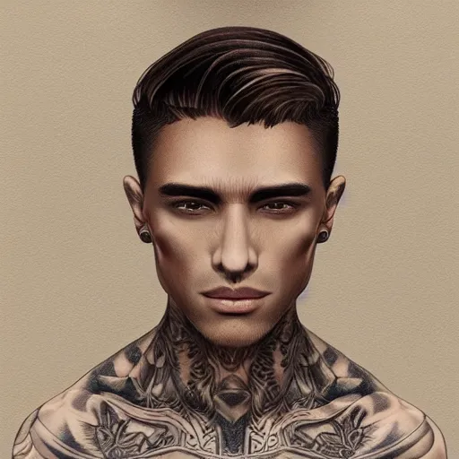 Prompt: ethereal portrait of beautiful man with tan skin and short hair, clean shaven, tattooed, trending on artstation