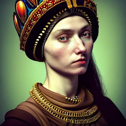 Image similar to Colour Caravaggio style Photography of Highly detailed beautiful Woman with 1000 years perfect face and wearing detailed Ukrainian folk costume designed by Taras Shevchenko also wearing highly detailed retrofuturistic sci-fi Tiara designed by Josan Gonzalez. Many details In style of Josan Gonzalez and Mike Winkelmann and andgreg rutkowski and alphonse muchaand and Caspar David Friedrich and Stephen Hickman and James Gurney and Hiromasa Ogura. Rendered in Blender and Octane Render volumetric natural light