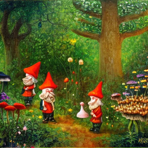 Prompt: gnomes working in a natural floral forest, building mushrooms, fairytale, impressionism