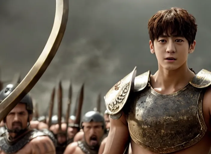 Image similar to film still of jungkook as leonidas in 3 0 0 movie, 8 k