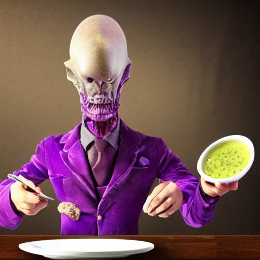 Prompt: a modernized alien in a purple three - piece suit made of velvet, he is enjoying a bowl of split pea and mushroom soup at a 5 - star restaurant in the bronx, photorealistic, highly detailed, photography, refined spontaneity