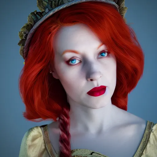 Image similar to red head queen, alice in wonderland theme, disney photo realistic, octane render, 8 k, unreal engine, hd, cinematic lighting