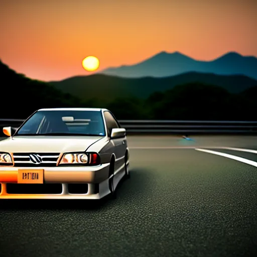 Image similar to a car Toyota JZX100 in middle of road, gunma prefecture, city sunset, cinematic color, photorealistic, highly detailed, bokeh