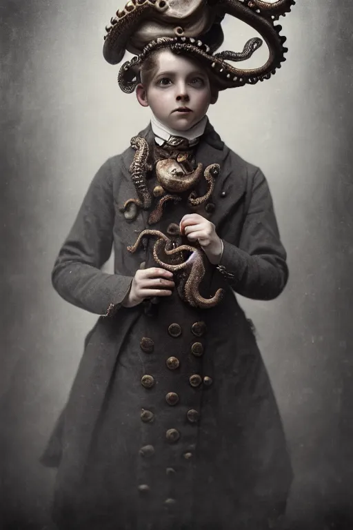 Image similar to wet plate photograph portrait of a victorian - era anthropomorphic octopus child dressed in a victorian - era clothing, dramatic lighting, highly detailed, digital painting, artstation, concept art, smooth, sharp focus, illustration, art by wlop, mars ravelo and greg rutkowski