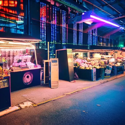 Image similar to a market stall at a futuristic cyber punk trade show in 2 0 5 5 from a distance, neon lighting, cinematic, dslr, unreal engine, hyper realistic