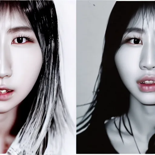 Prompt: hyper realistic k - pop idol black and white portrait with facial scars