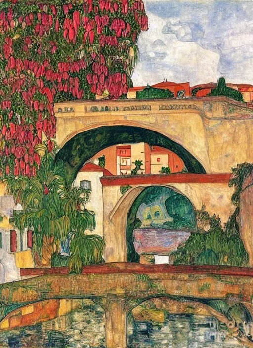 Image similar to a big through arch bridge on local river, a lot of old boat in river, brick buildings near a lot of palm trees and bougainvillea, hot with shining sun, painting by egon schiele