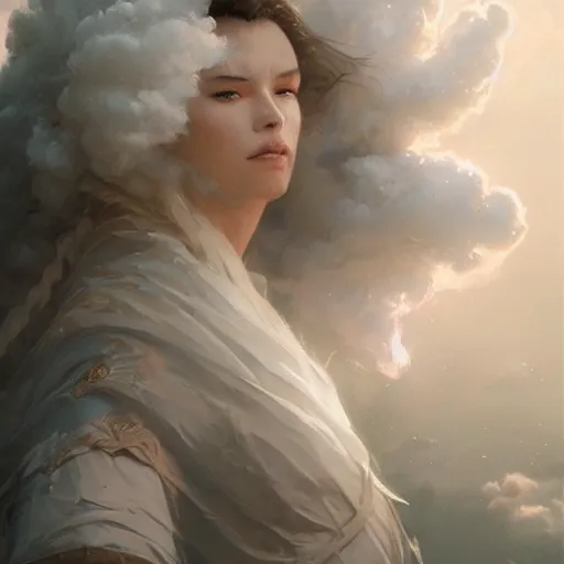 Image similar to a beautiful portrait of a cloud goddess by Greg Rutkowski and Raymond Swanland, Trending on Artstation, ultra realistic digital art