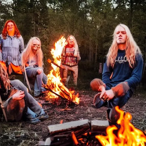 Image similar to photo of hillbilly with long blonde hair around a bonfire, symmetric face