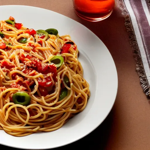 Prompt: spaghetti topped with jalapenos