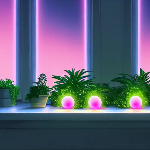 Prompt: glowing pink neon spheres, on a table with plants, vignette, digital art by Thomas Cole and John Harris, trending on artstation