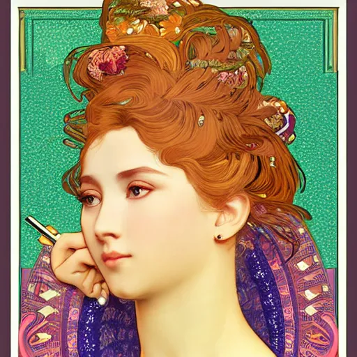 Image similar to vector illustration of a over tanned instagram influenza girl, siliconized, too much plastic surgery, doing a make up tutorial, artstation, smooth, sharp focus, art by gustav klimt - alphonse mucha - adolphe bouguereau