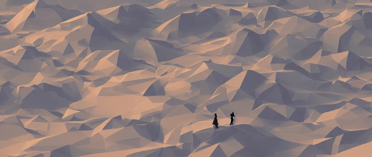Prompt: 3 d render, digital art, low poly art, minimalist, journey thatgamecompany, lowpoly landscape, intricate detail, whimsical, unreal engine, dreamy, brush strokes, bounce light, sunny, complementary palette, redsinski
