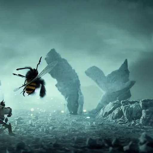 Prompt: justin sun as night king versus huge bee, 4 k, epic, cinematic, focus, movie still, fantasy, extreme detail, atmospheric, dark colour, sharp focus