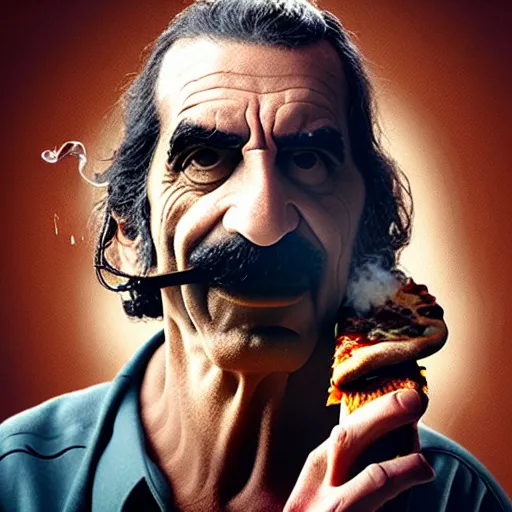 Prompt: frank zappa smoking a pizza, 8 k, photorealistic, octane render, award winning photography, lovecraft style, horror atmosphere, cinematic, hyper realism,