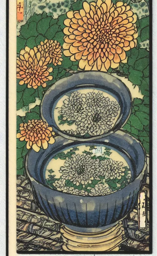 Prompt: by akio watanabe, manga art, chrysanthemum inside sake cup top of japanese table, trading card front