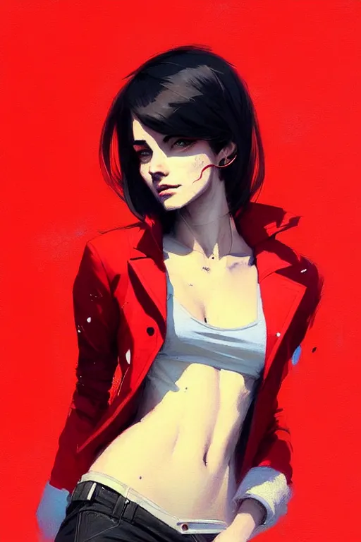 Image similar to a ultradetailed beautiful painting of a stylish woman in a red jacket, by greg rutkowski, conrad roset and ilya kuvshinov trending on artstation